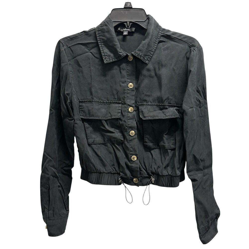 Lulus Womens Eldora Black Cropped Utility Jacket Drawstring Long Sleeve Size XS